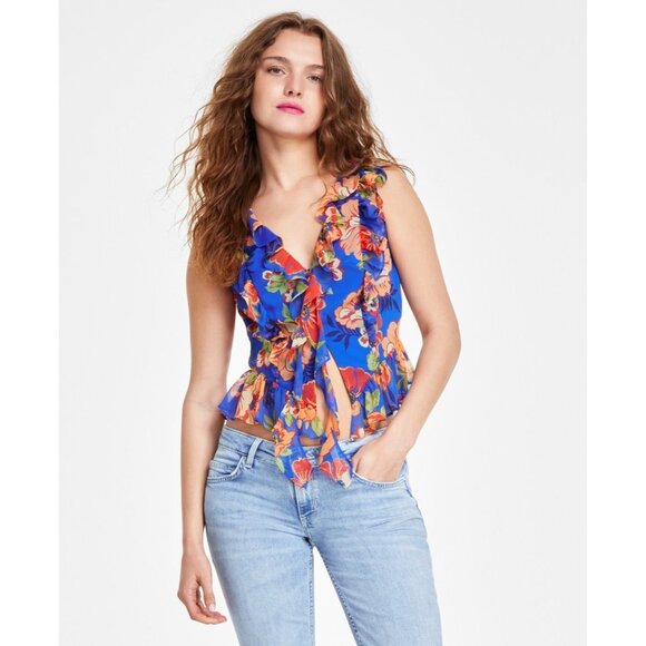 GUESS Women's Rossella Printed Ruffled Top Blue Size M MSRP $89 - Picture 1 of 4
